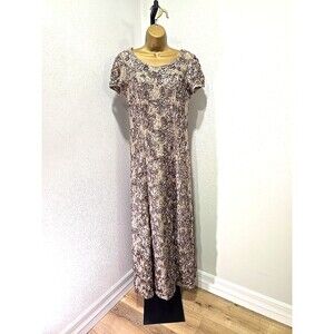 Alex Evenings Taupe 3D Floral Lace Maxi Gown Sz 10 MOB Formal Elegant Old Money